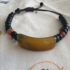 Adjustable Gorgeous Agate, Onyx & Glass ( 2 Glass Beads) Bracelet On Waxed Kinen